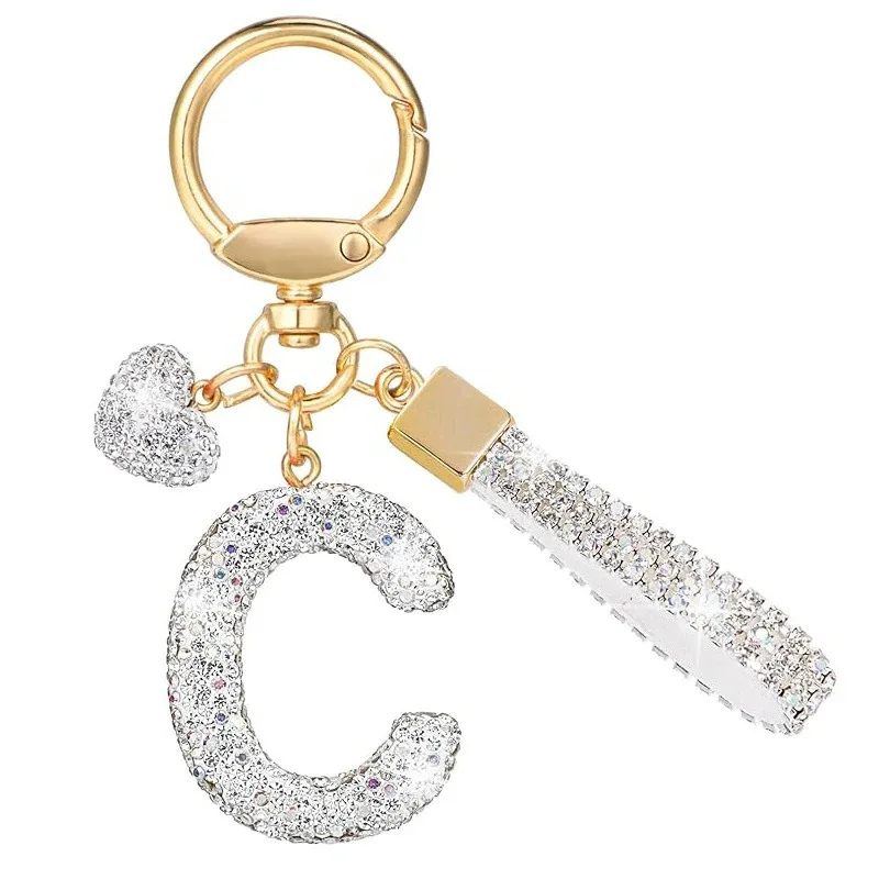porte-clés avec lettres blanches brillantes, alphabet a-z pour porte-clés de voiture/sac à dos et cadeau avec lanière ajoutée