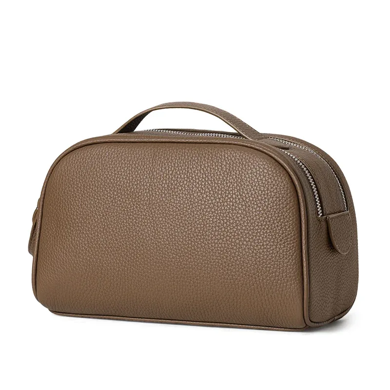 trousse de toilette en cuir grainé pour femme, grande capacité, avec poignée, idéale pour les voyages et l'usage quotidien