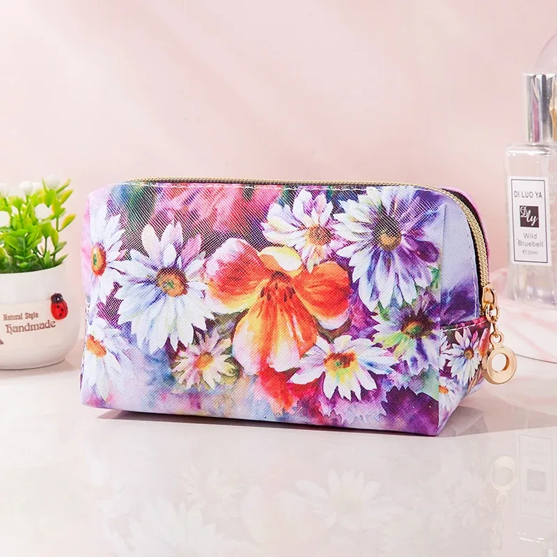 sac cosmétique imperméable en pu de style peinture à l'huile, sac de rangement portable de grande capacité, sac de maquillage multifonctionnel
