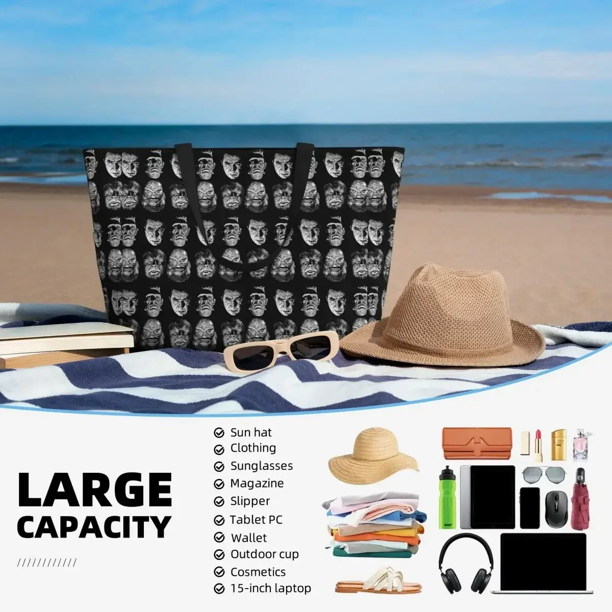 sac fourre-tout de plage universal studios, monsters, dracula, wolfman, frankenstein, grand sac de sport, de yoga, de voyage pour femme