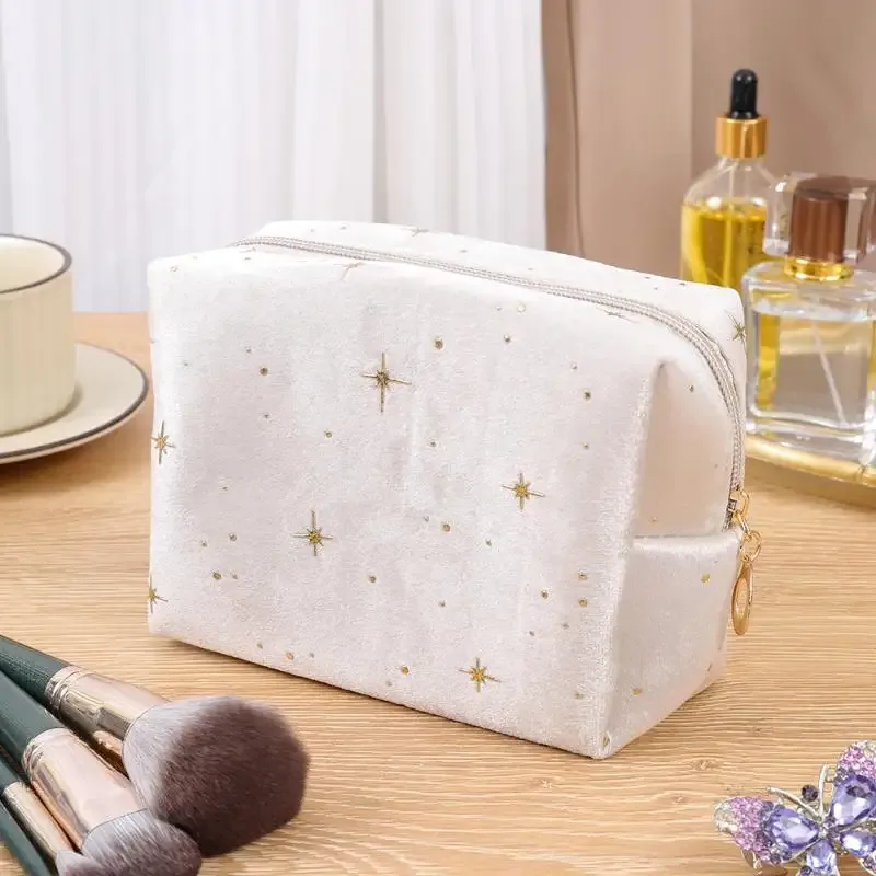 pochette à cosmétiques spacieuse en velours, sac de toilette de voyage avec motif étoile, trousse de maquillage portable pour rouge à lèvres