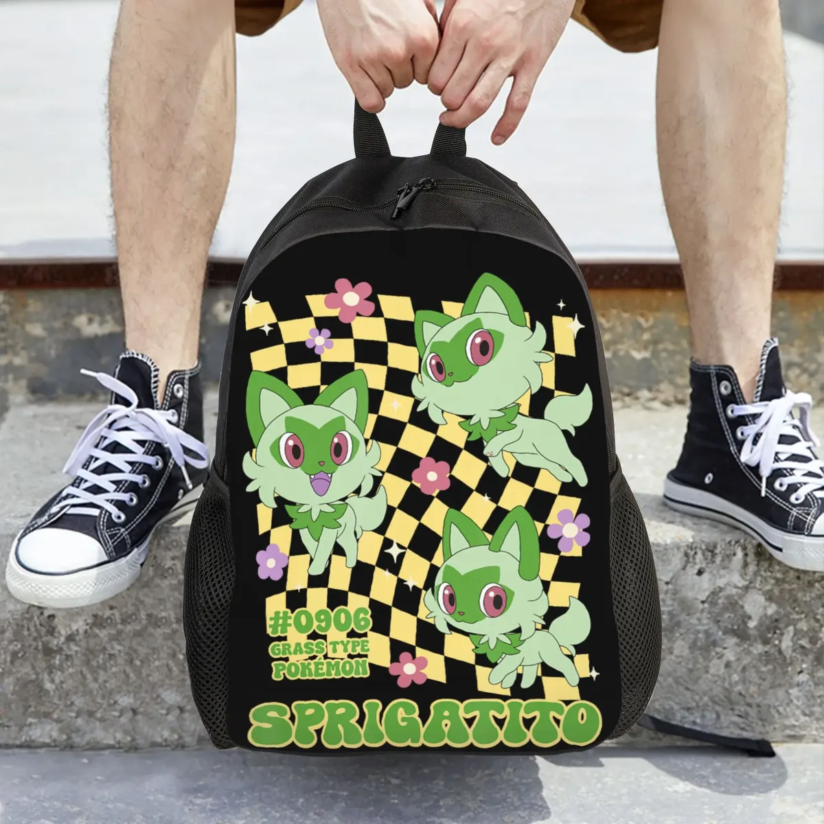 sacs à dos pokemon sprigatito, sac à dos rétro avec logo pokemon grass type, sac à dos de grande capacité pour le campus