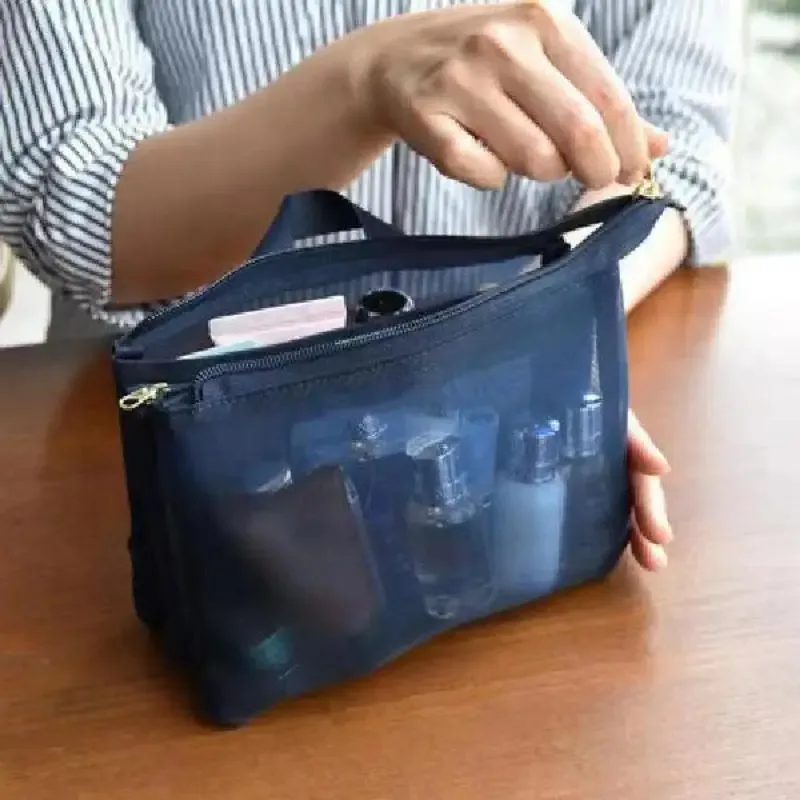 sac à cosmétiques transparent en maille à 3 couches de grande capacité, sac de rangement de voyage léger pour rouge à lèvres et articles de toilette, polyester durable, non imperméable, fermeture à glissière