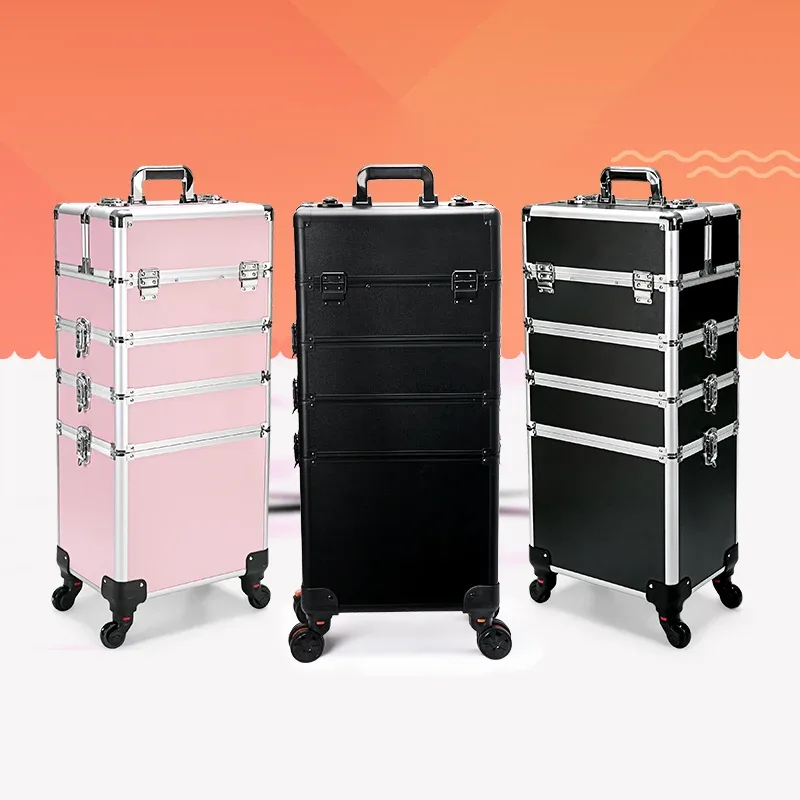 Trousse de maquillage professionnelle 4 en 1, étui à cosmétiques roulant en aluminium sur roulettes, organisateur de maquillage d'artiste, rangement avec plateaux
