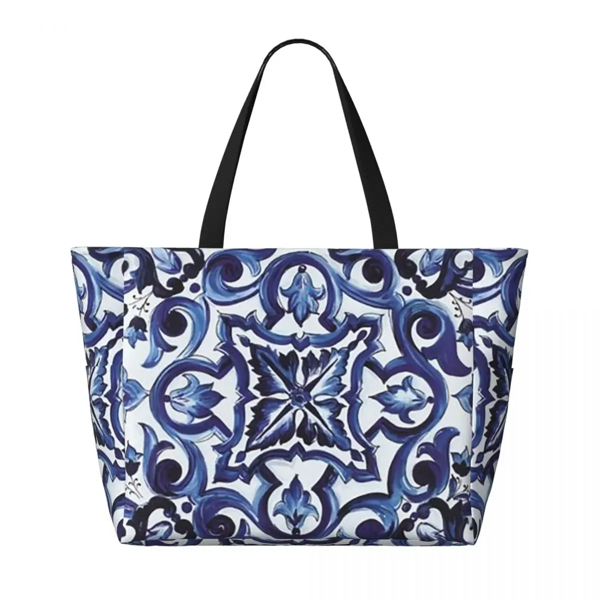 sac fourre-tout bleu orné de motifs floraux, style carreaux siciliens méditerranéens, pour la plage, le sport, la gym, le yoga, grand sac de voyage pour femme, sac de fitness