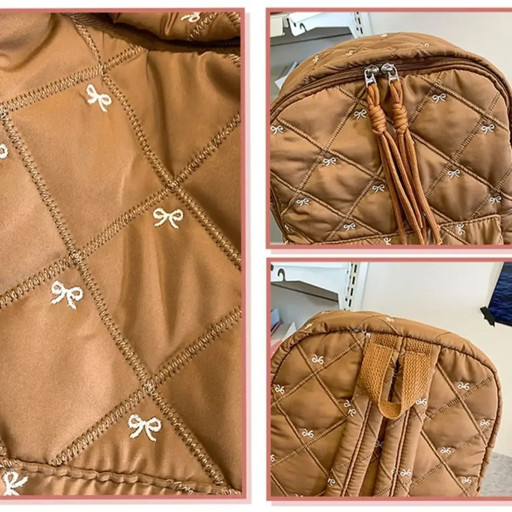 sac à dos léger en nylon avec nœud brodé, style preppy, sac à dos portable pour étudiants, idéal pour l'école et les activités de plein air.