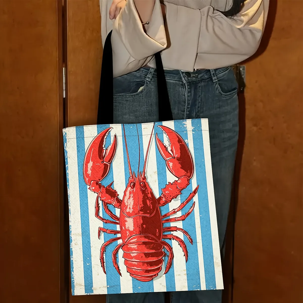 sac fourre-tout élégant rétro imprimé homard rouge, grande capacité, sac à bandoulière décontracté en polyester durable avec sangle fixe pour le shopping, 1 pièce