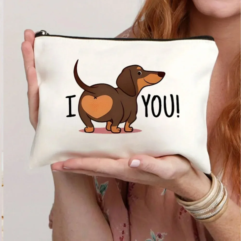 trousse de maquillage drôle pour fesses de teckel – chiot marron mignon avec "je vous!" coeur, mini sac à main sans fermeture éclair pour femme, s, enseignants