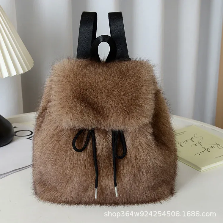 y2k sac à dos en peluche femmes petit mignon cordon léopard moelleux sac solide doux polaire sac à dos hiver chaud fausse fourrure mini sac à dos
