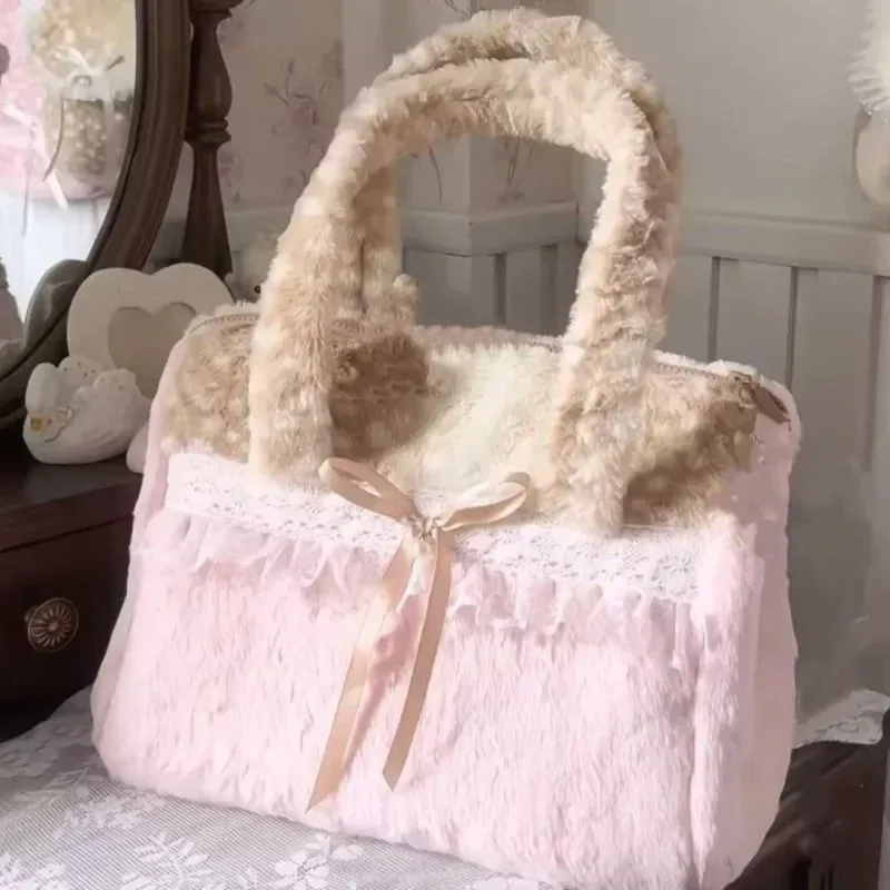 sac fourre-tout en peluche doux et mignon pour femmes, style ballet, dentelle, couleur contrastée, grande capacité, sacs à bandoulière, sacs à main polyvalents harajuku pour femmes