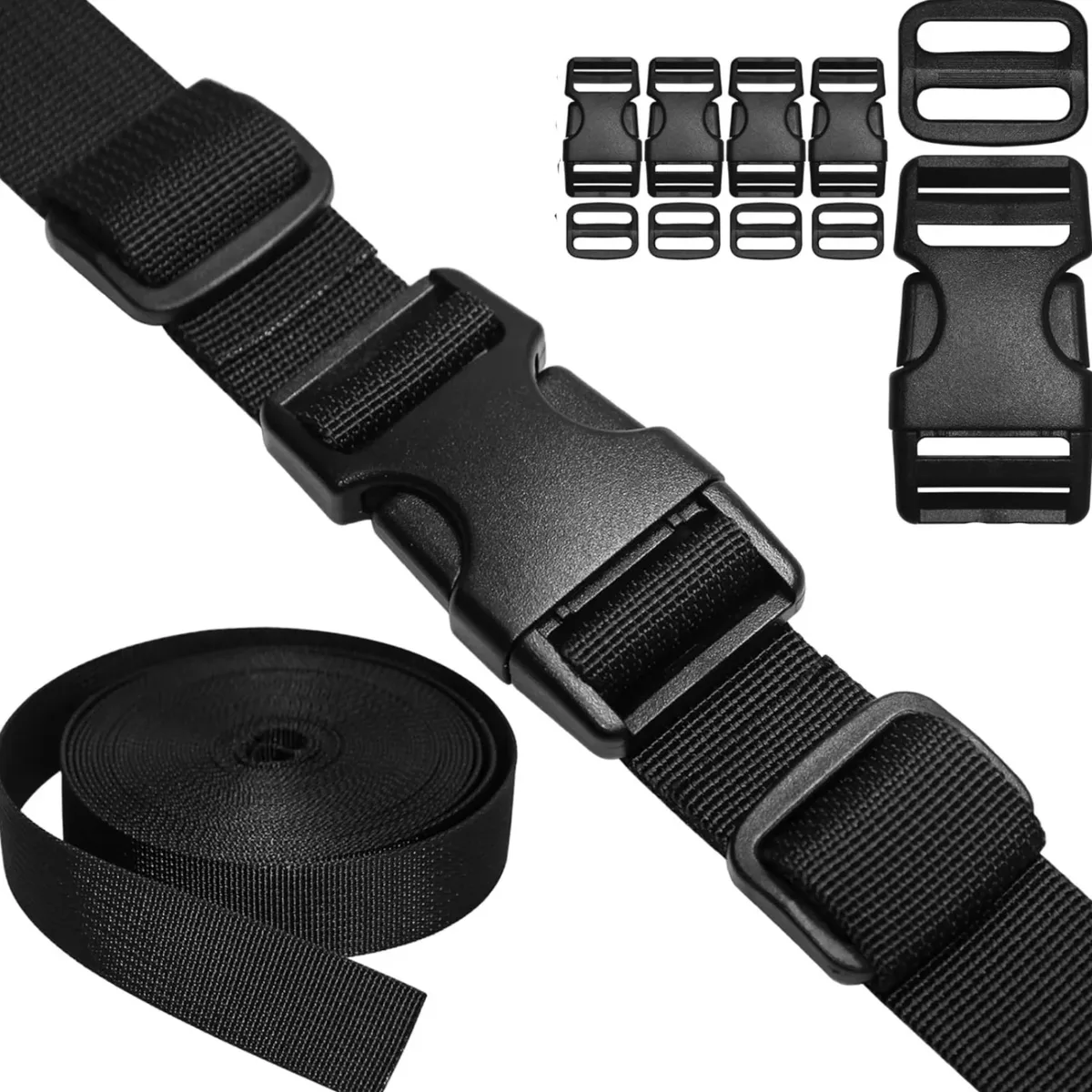 sangle en nylon de 4 m avec 10 boucles à dégagement latéral plates et glissières à trois barrettes pour la fabrication de sangles de bagages et de sacs à dos