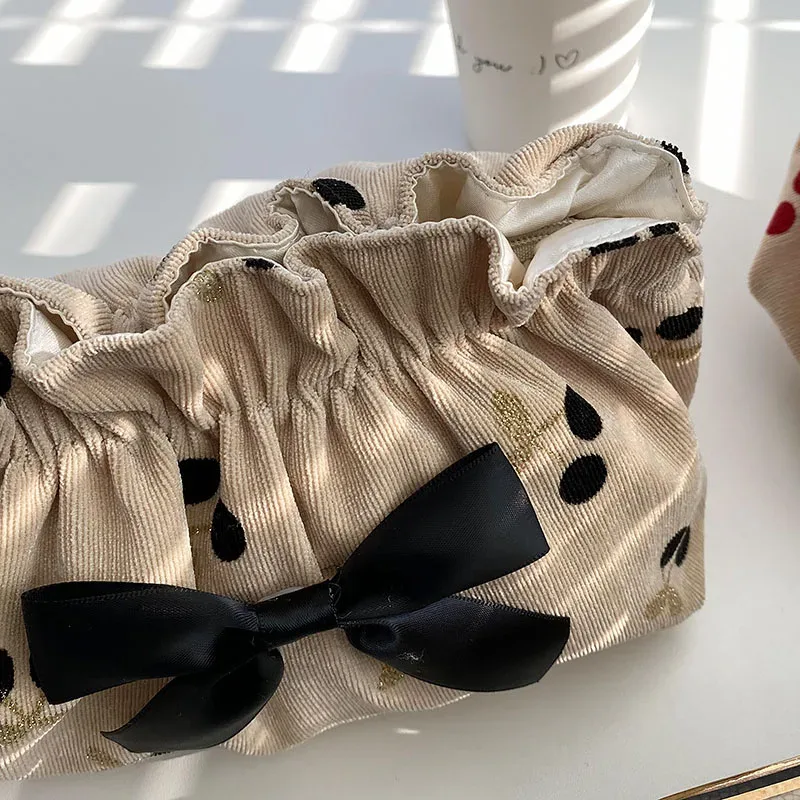 sac à cosmétiques en velours côtelé imprimé cerise pour femmes, sacs de maquillage de grande capacité pour rouge à lèvres, sac de rangement de voyage pour femmes