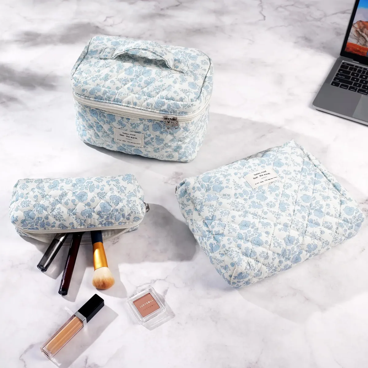 trousse de maquillage matelassurera en coton pour femme, trousse de toilette portable pour fille, sac à main à fermeture éclair pour femme, trousse cosmétique, évaluation, gril, 3 pièces
