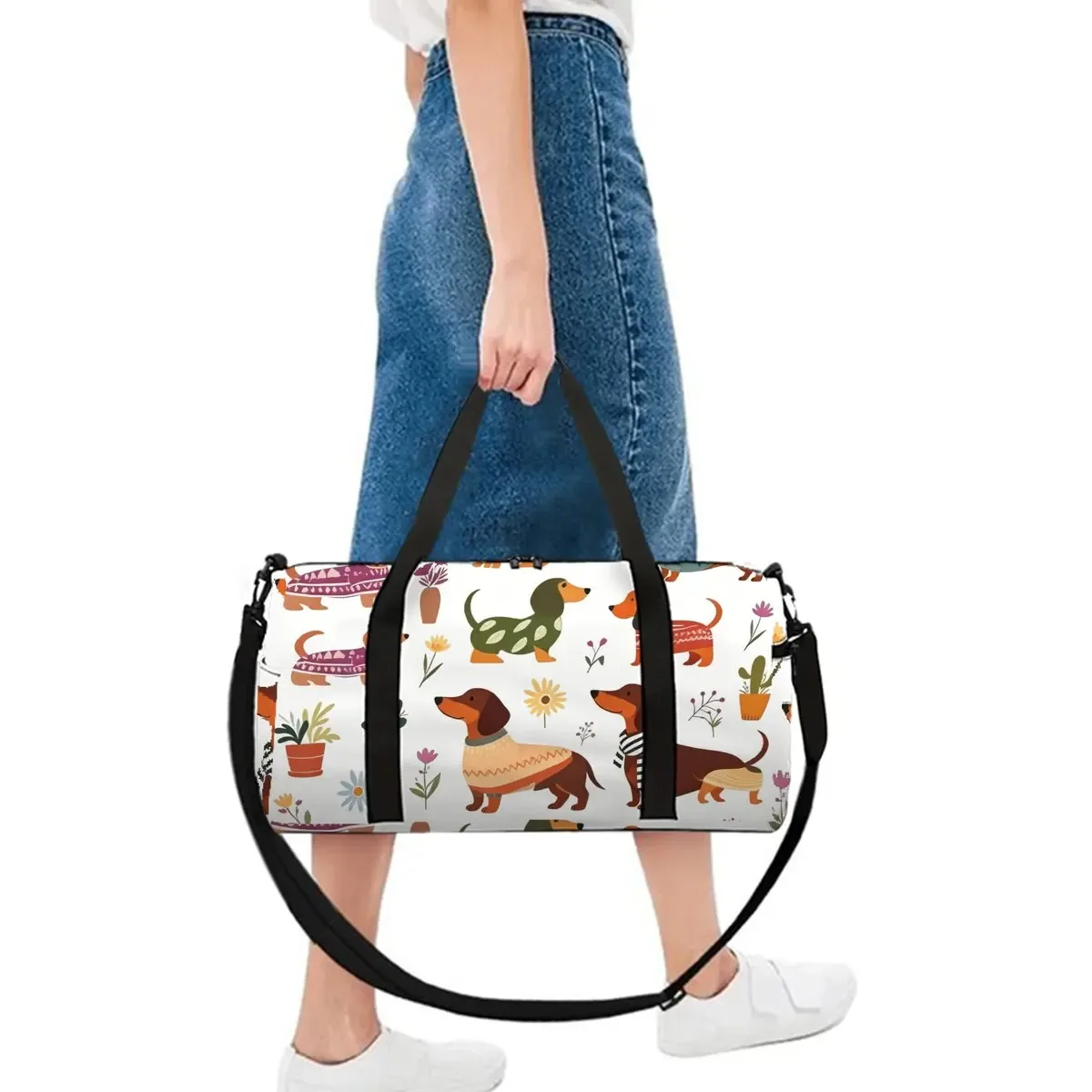 sac de voyage scolaire à motif de chat mignon et de teckel, sac à bagages de grande capacité, dessin animé plat 2d, meilleur cadeau pour garçons et filles, style tendance