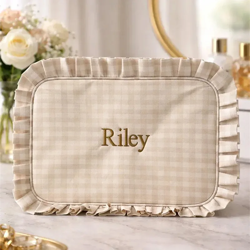 pochette de toilette personnalisée à volants, pochette à maquillage à carreaux, pochette à maquillage personnalisée avec nom, cadeau pour demoiselle d'honneur, cadeau de pâques pour elle
