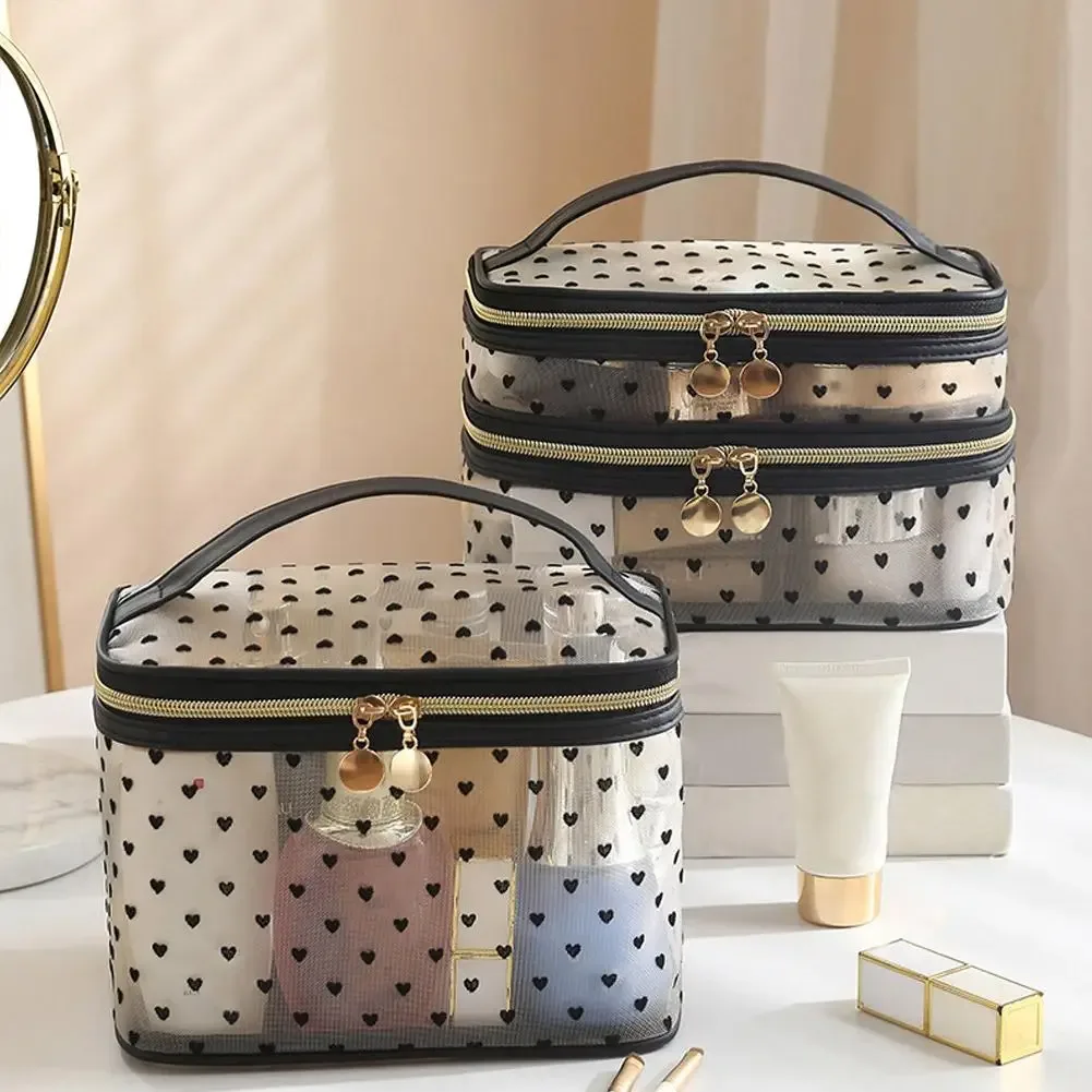 Grande trousse de maquillage, organiseur de toilette de voyage, pochette cosmétique en maille, étui de rangement portable multifonctionnel pour femmes et filles