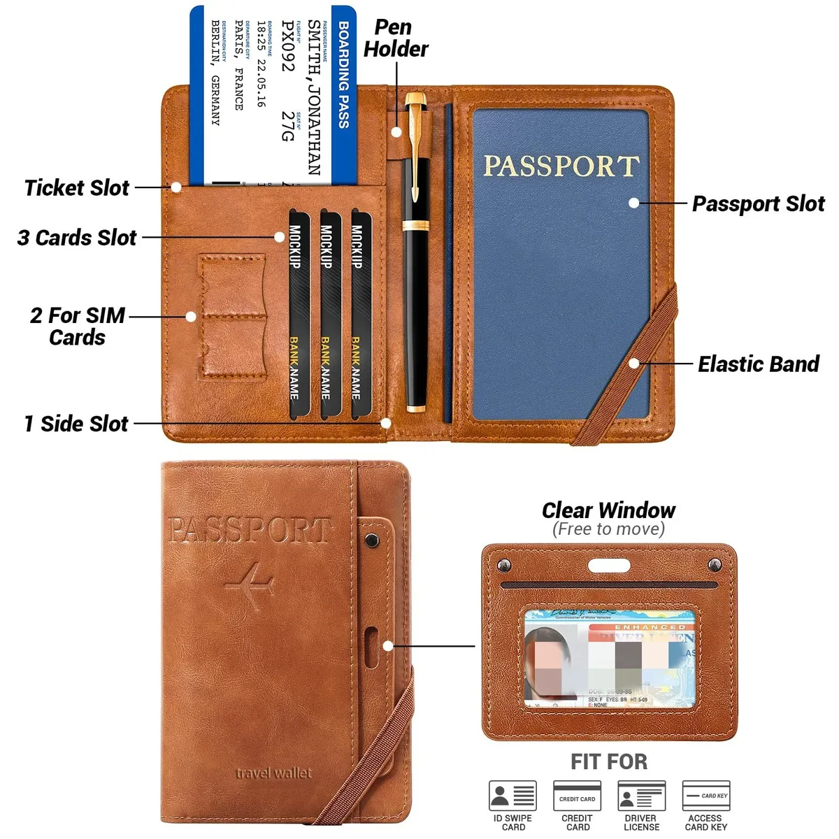 porte-passeport anti-rfid, portefeuille de voyage en cuir, étui pour documents de voyage, accessoires