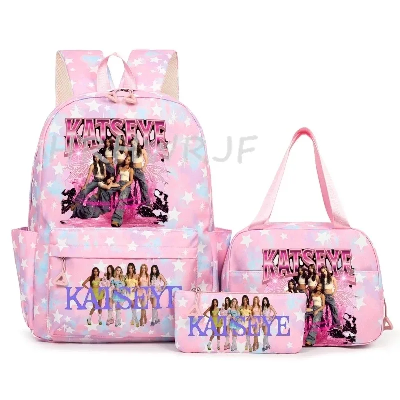 sac à dos katseye à thème musical, 3 pièces, imprimé étoiles roses, cartable amusant pour adolescents, étudiants, femmes, sac à dos pour ordinateur portable, sac de voyage mochila