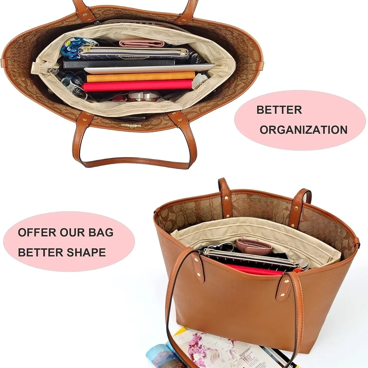 sac à main fourre-tout sac à main organisateur insérer sac doublure shaper diviseur fermeture éclair 11 poches compartiments