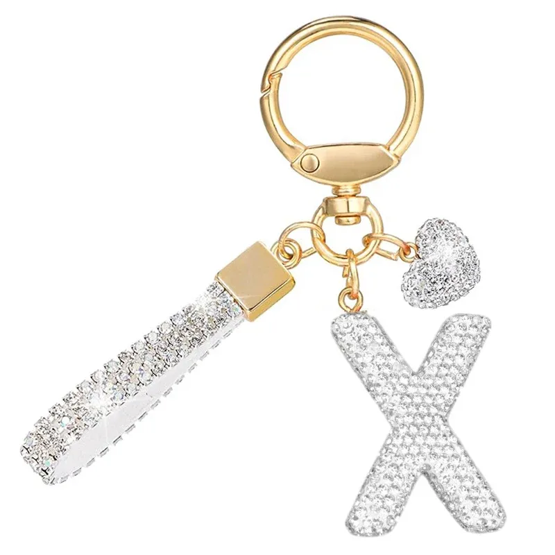 porte-clés avec lettres blanches brillantes, alphabet a-z pour porte-clés de voiture/sac à dos et cadeau avec lanière ajoutée