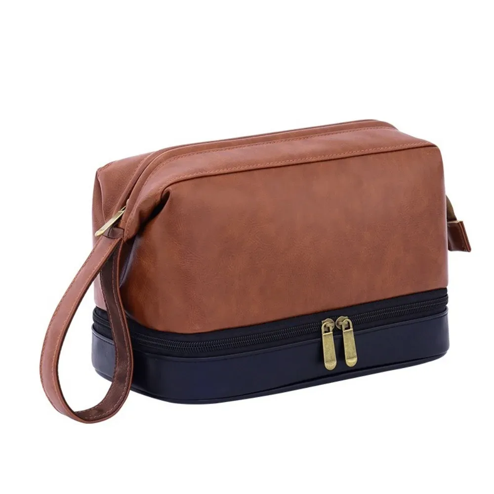 trousse de toilette rétro en cuir pu pour hommes, grande capacité, étanche, séparation sec-humide, pochette de maquillage professionnelle pour hommes