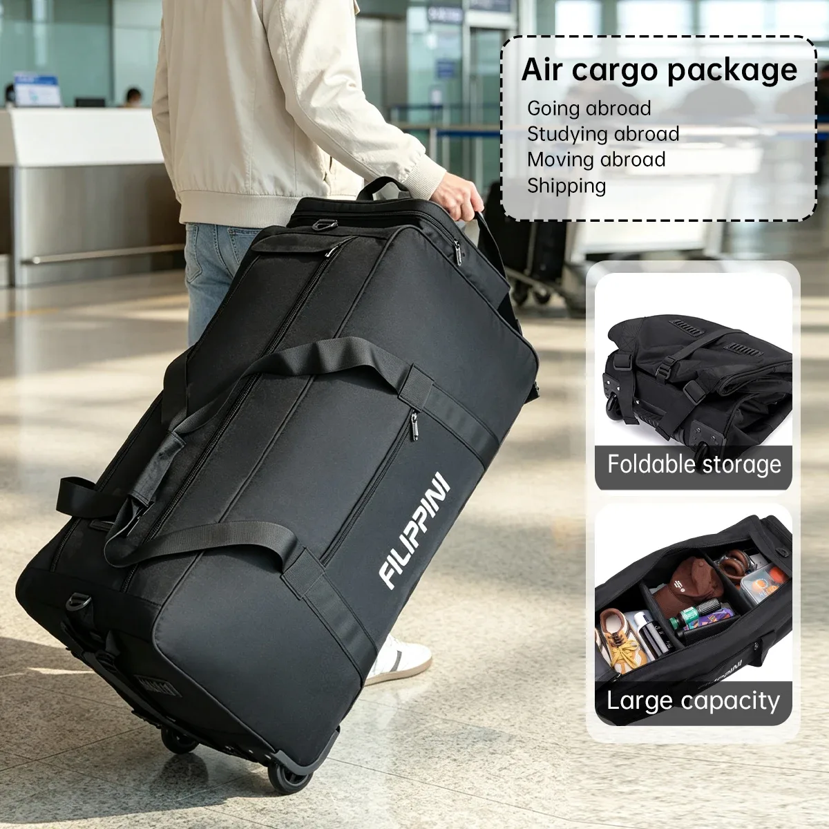 sac de voyage pliable imperméable pour bagages à main avec grande capacité pour ranger les bagages, valise à roulettes et compartiments divisés