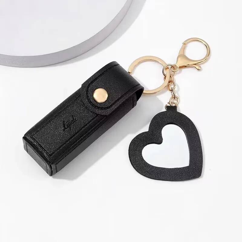 sac en cuir portable pour rouge à lèvres, poudre de maquillage, baume jules, porte-clés, housse de protection avec miroir