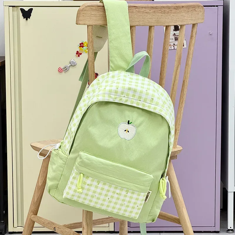 sac à dos d'étudiant en nylon à carreaux, style coréen, motif cœur, doux, mignon, décontracté, respirant, léger, pour les trajets quotidiens