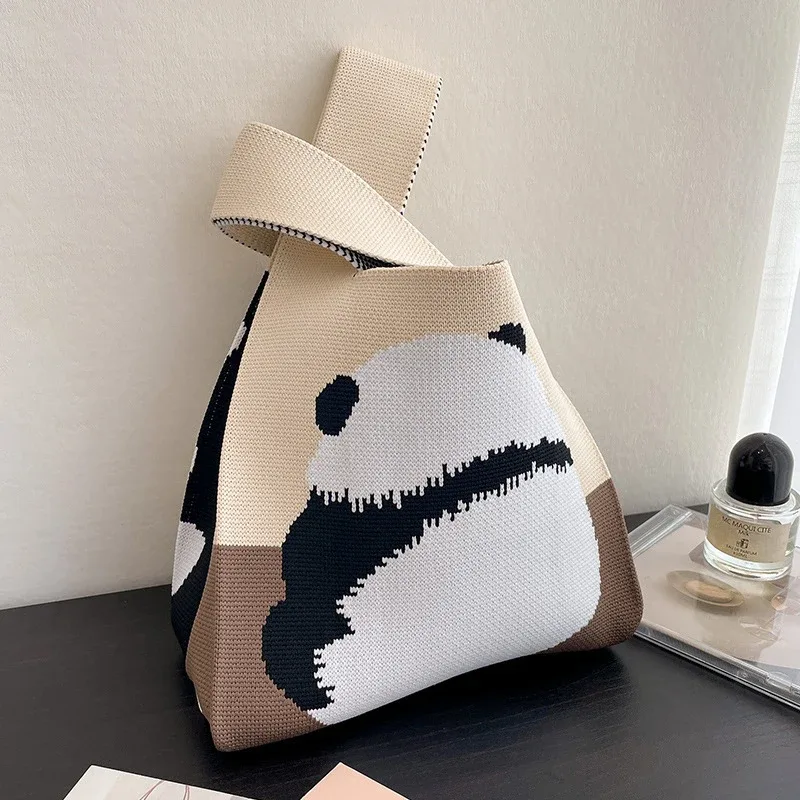 sac à main en tricot fait à la main pour femme, mini sac de poignet à nœud, sac fourre-tout à carreaux à large rayure, sacs à provisions réutilisables pour étudiants, document décontracté japonais