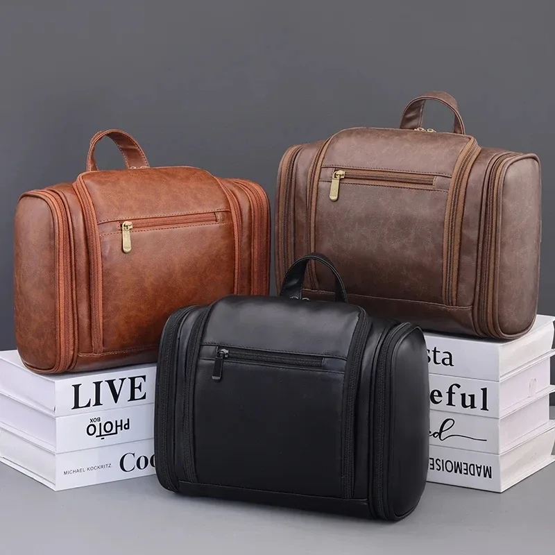 grande trousse de maquillage en cuir pu, organiseur de cosmétiques de voyage, pochette de toilette multifonctionnelle, étui de rangement imperméable pour unisexe