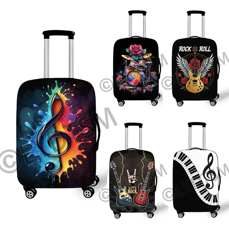 couverture de bagage avec notes musicales, couverture de valise graphique pour guitare rock, piano, tambour, boîtier de chariot élastique, housse de protection pour voyage