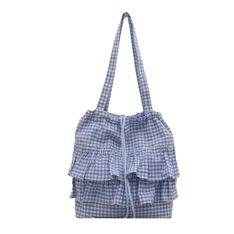 sac fourre-tout pour femme, à volants, à carreaux, avec cordon de serrage, sac à main en toile tendance, grande capacité, sacs coréens, bolsos de mujer