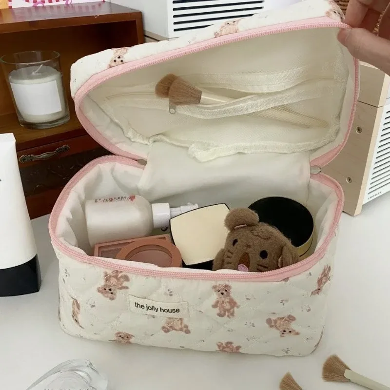 sac de maquillage en tissu de coton avec nœud mignon pour femmes, organisateur de cosmétiques à fermeture éclair, sac à main en forme de boîte, trousse de toilette portable pour filles