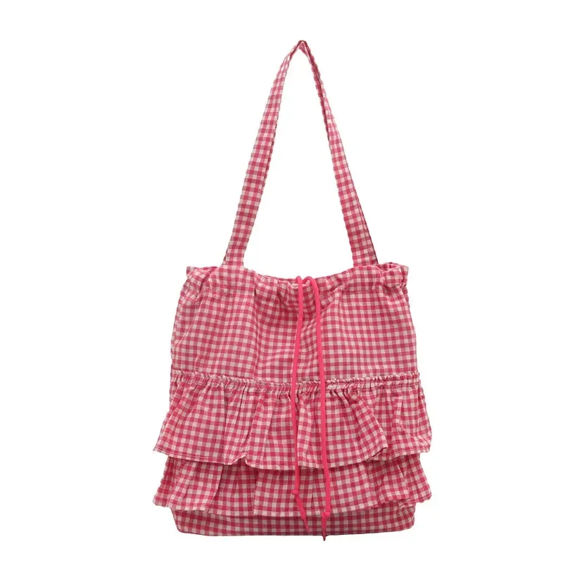 sac fourre-tout pour femme, à volants, à carreaux, avec cordon de serrage, sac à main en toile tendance, grande capacité, sacs coréens, bolsos de mujer
