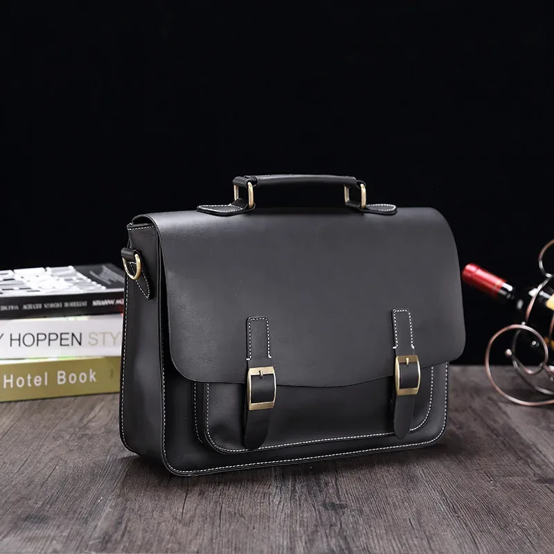 porte-documents pour hommes crazy horse en cuir pu vintage étudiant sacoche école bureau fourre-tout sac à main épaule affaires épaule sac pour femmes
