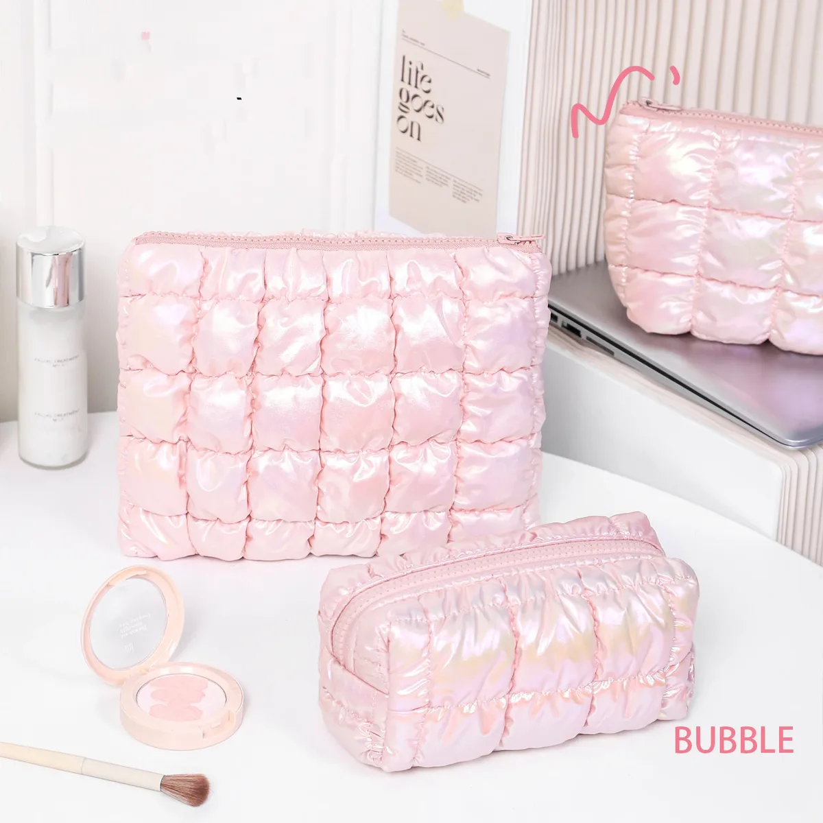 sac de rangement de maquillage rose pour femmes, sac à main organisateur de voyage, pochette de toilette et de cosmétiques, grille à bulles, pochette de luxe pour dames