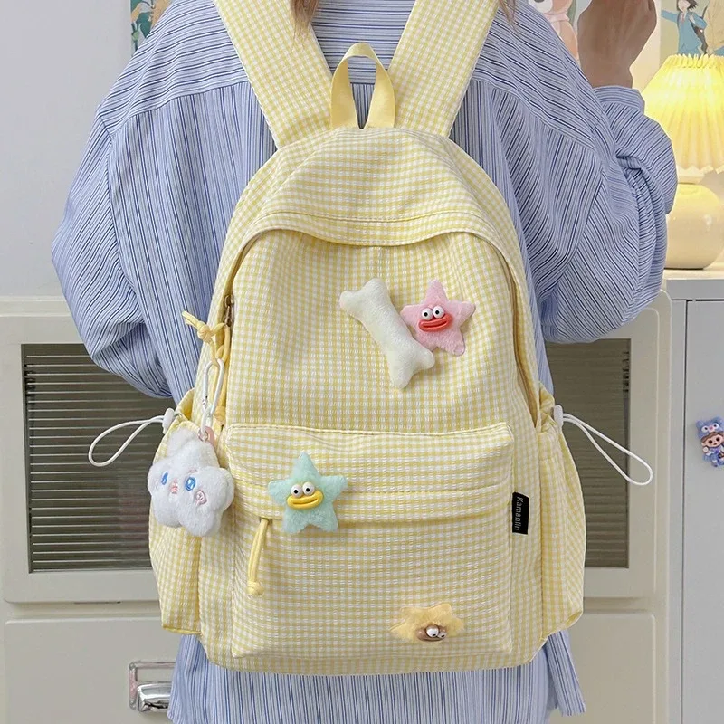 Sac à dos pour femme style campus, motif écossais simple, grande capacité, décontracté, pour voyage, sac à double bandoulière en nylon, style frais et doux
