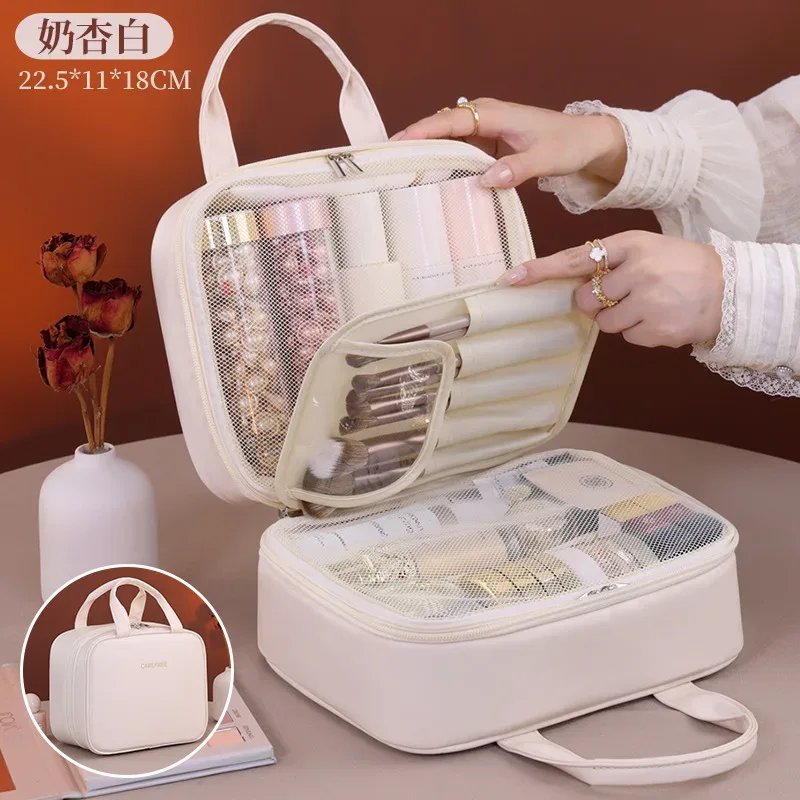 sac de rangement de cosmétiques à deux étages, espace de rangement surdimensionné avec poignées et plusieurs poches, trousse de toilette en matériau pu