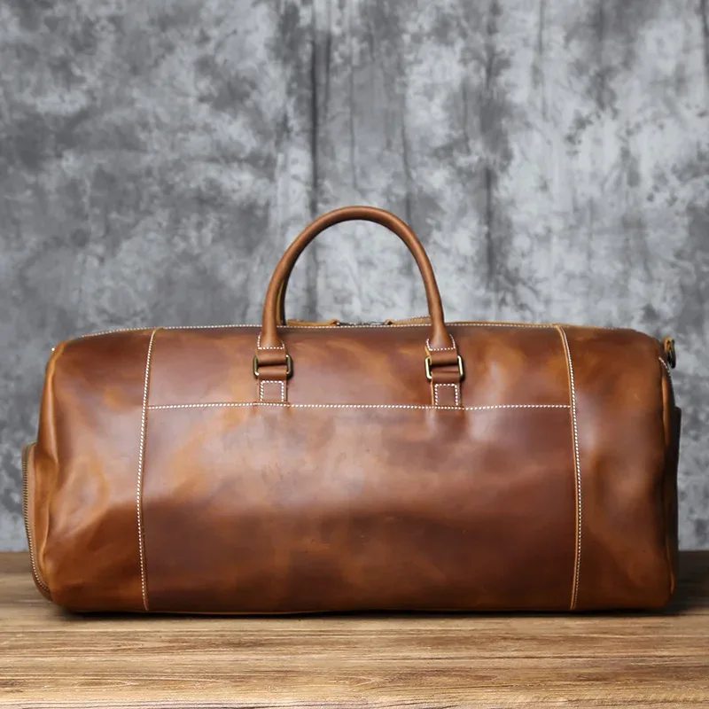 sac de voyage vintage en cuir véritable pour hommes, sac polochon en cuir de cheval fou, grande capacité, couche supérieure en peau de vache, sac à bandoulière nzpj