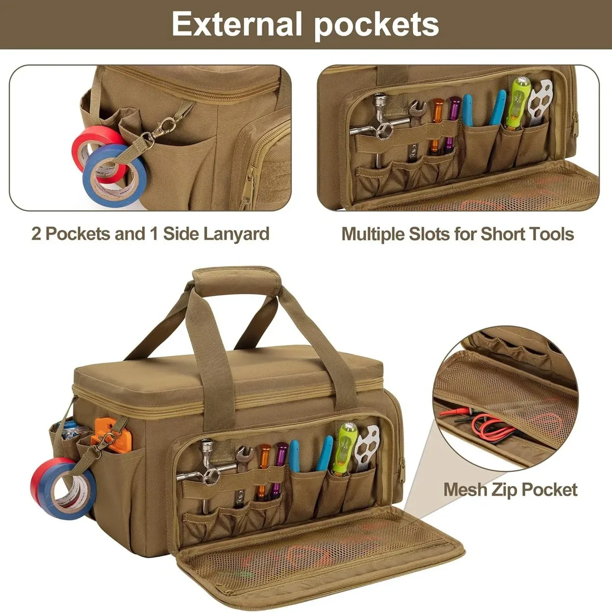 sacs de rangement d'outils robustes de 14 pouces, sacs à main de travail multifonctionnels pour mécanicien électricien charpentier constructeur plombier