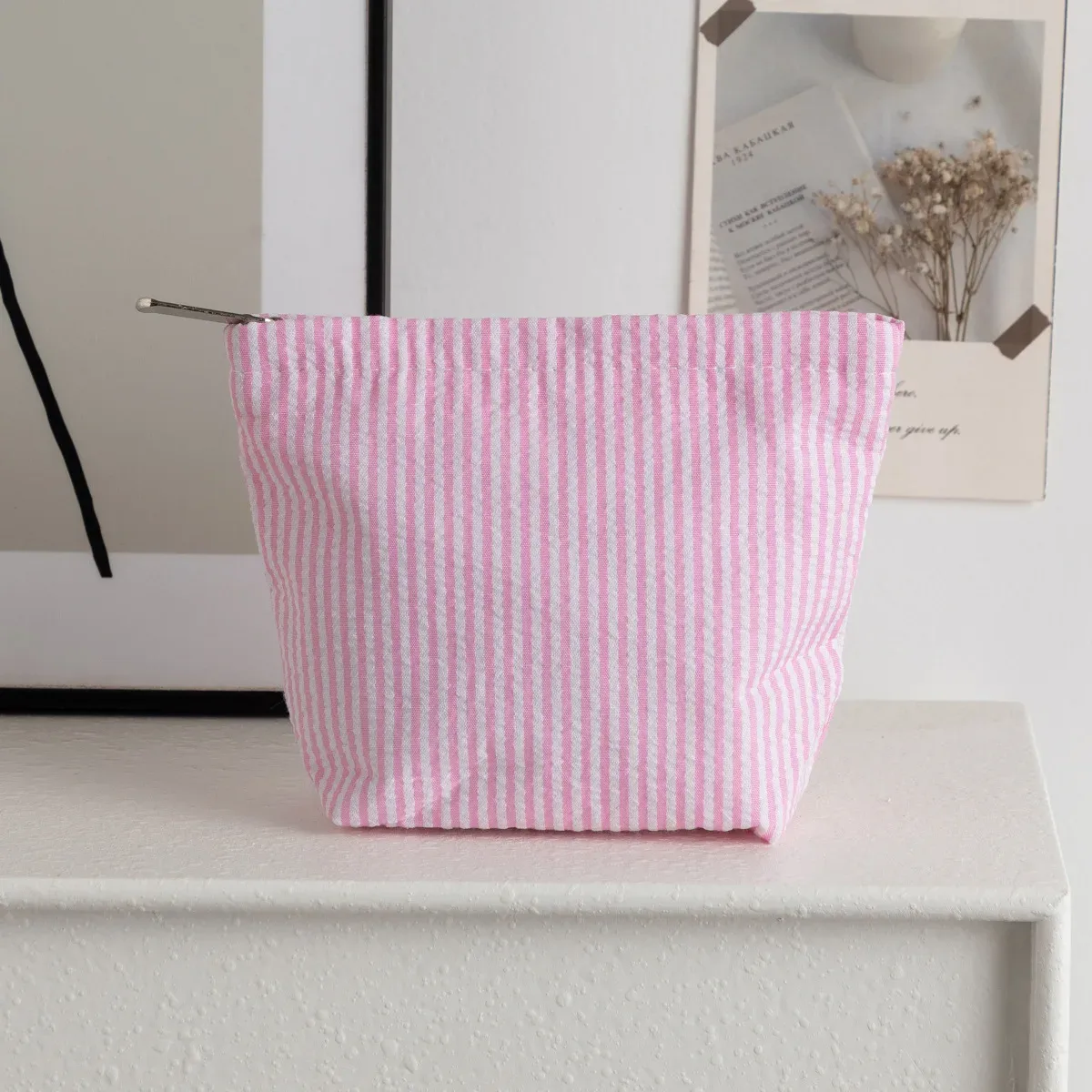 petits sacs à cosmétiques à la mode, sacs de rangement à rayures verticales pour femmes, sacs de maquillage avec fermeture éclair, sac de rangement de voyage portable