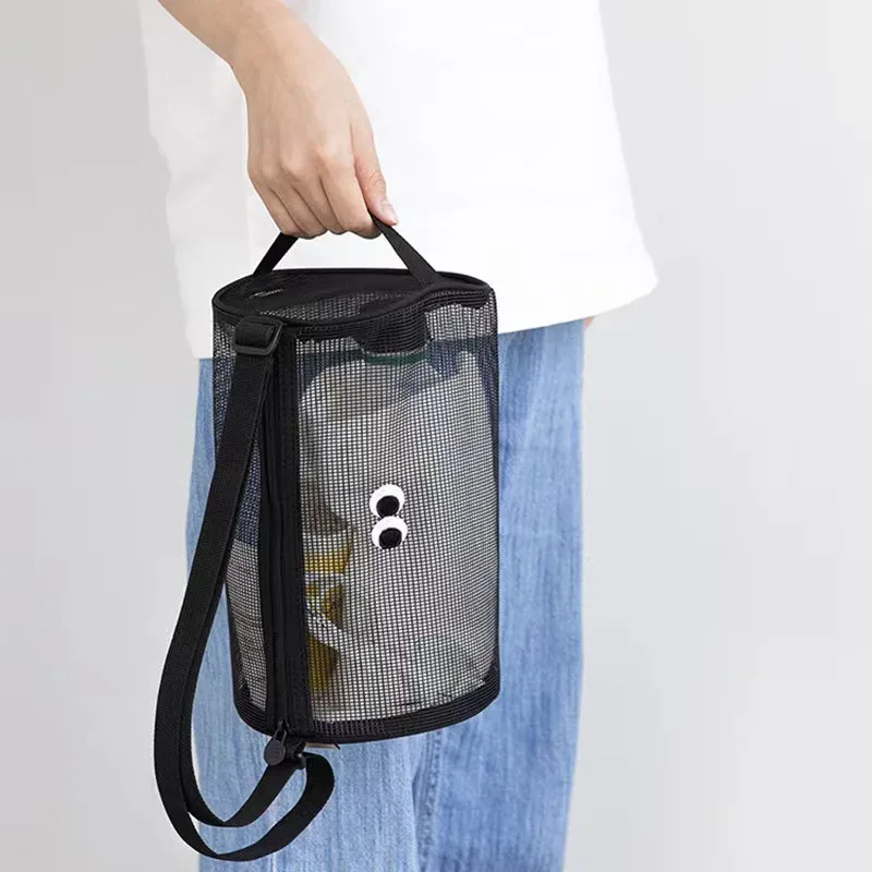 sac de plage tendance, sac de natation bandoulière, sac de voyage cylindrique en maille ajourée pour articles de toilette