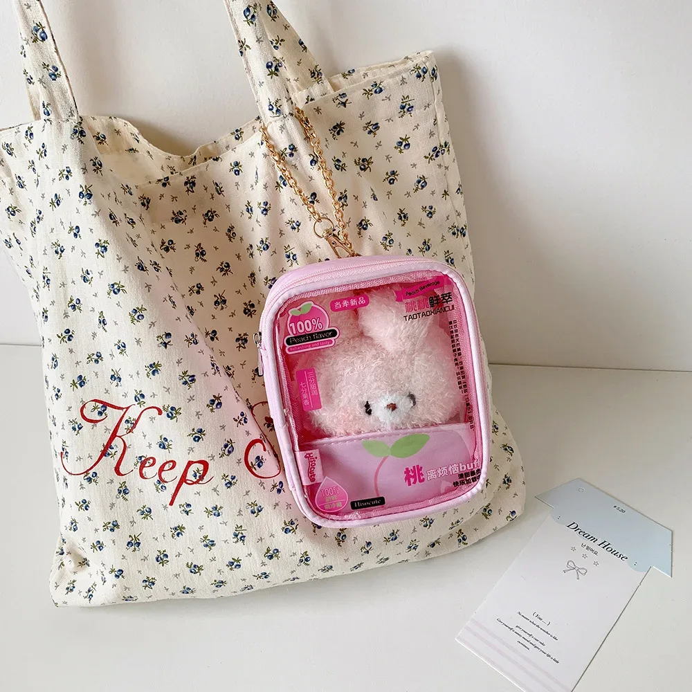 nouveau sac de rangement transparent carré à motifs de dessins animés et de fruits, pendentif décoratif pour sac à dos de filles, sac de présentation de figurines, cadeaux