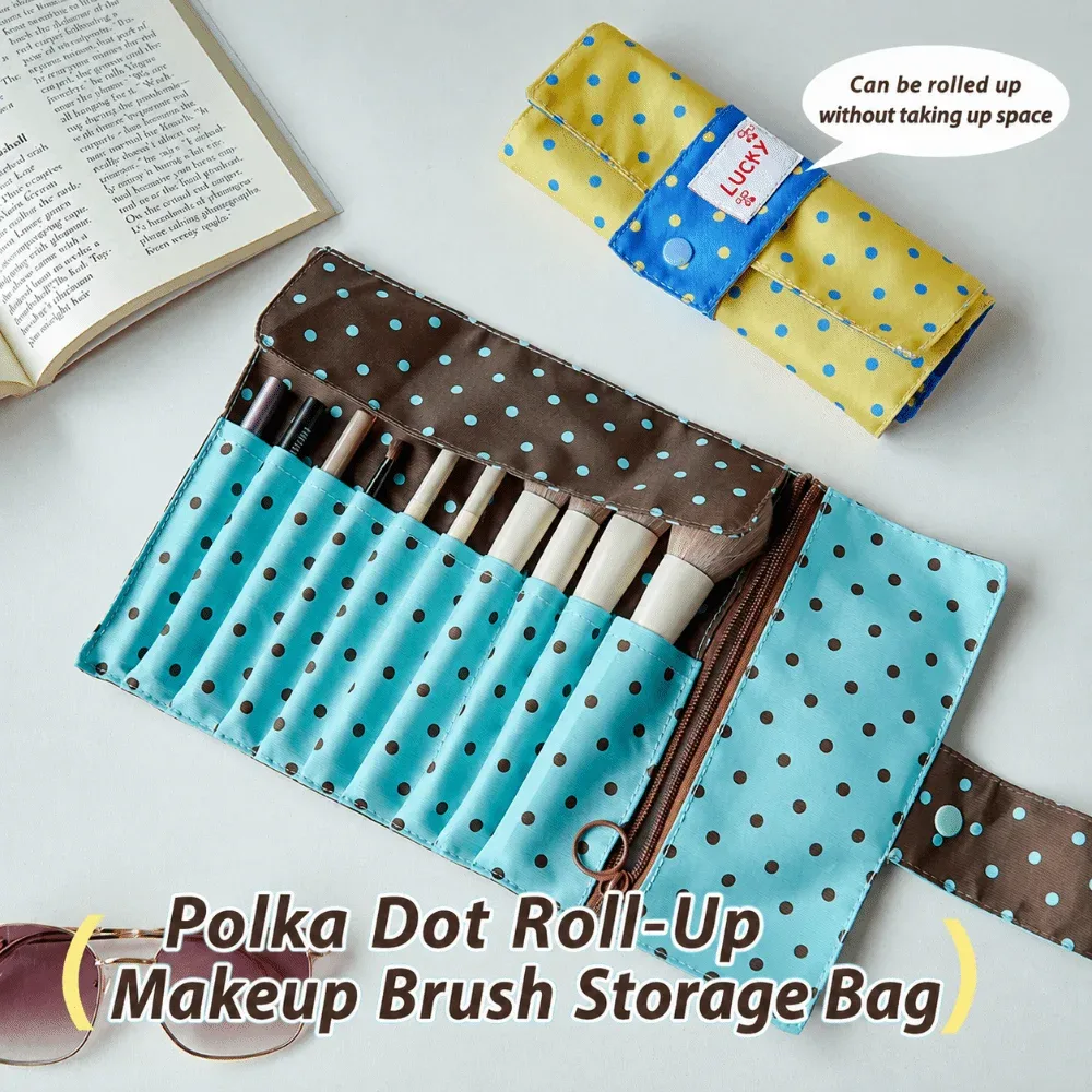 sac de rangement pour pinceaux de maquillage à pois mignons, en toile, 10 compartiments, sac à outils de maquillage portable, sac de maquillage multifonctionnel, pinceaux de maquillage, stylos, etc.