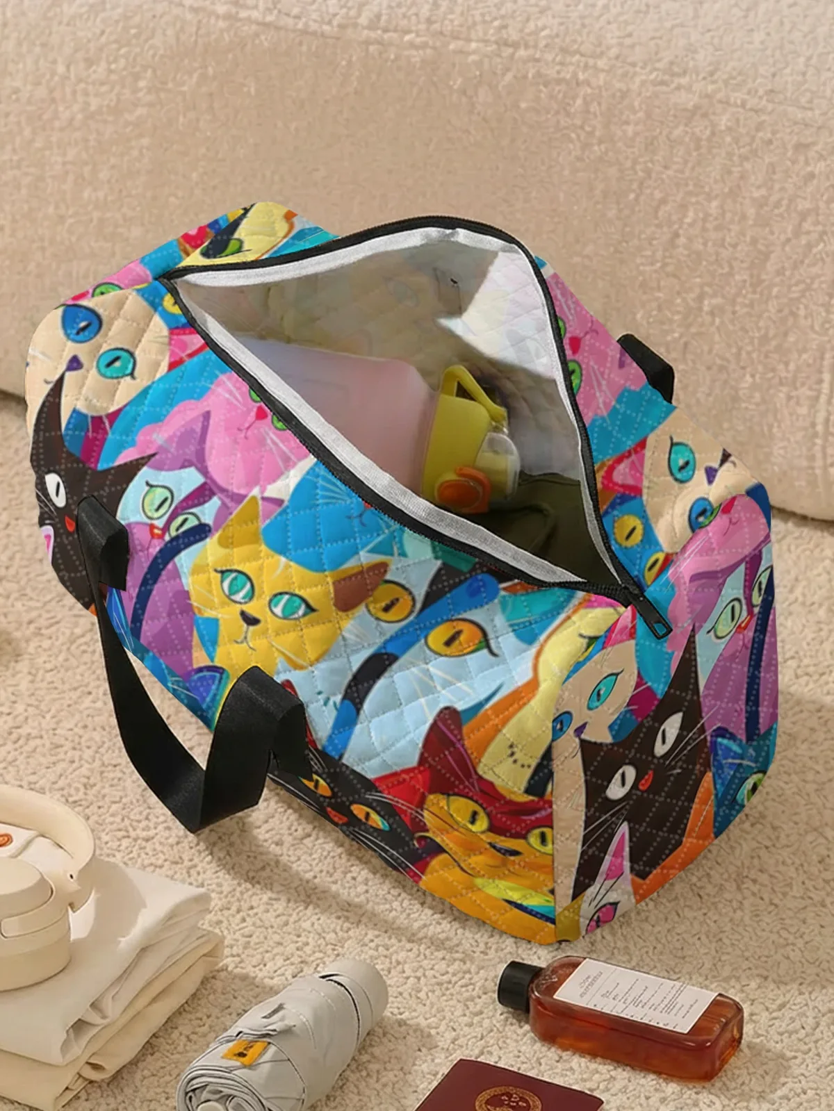 sac de sport imprimé chat de dessin animé coloré et mignon, 2 styles, sac à main portable adapté aux voyages de week-end, aux sports et aux courses, 1 pièce