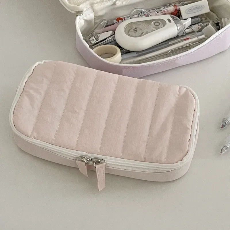 trousse à crayons en tissu doux matelassé, couleur unie, avec fermeture éclair, sac de rangement portable multi-usages pour étudiants et maquillage