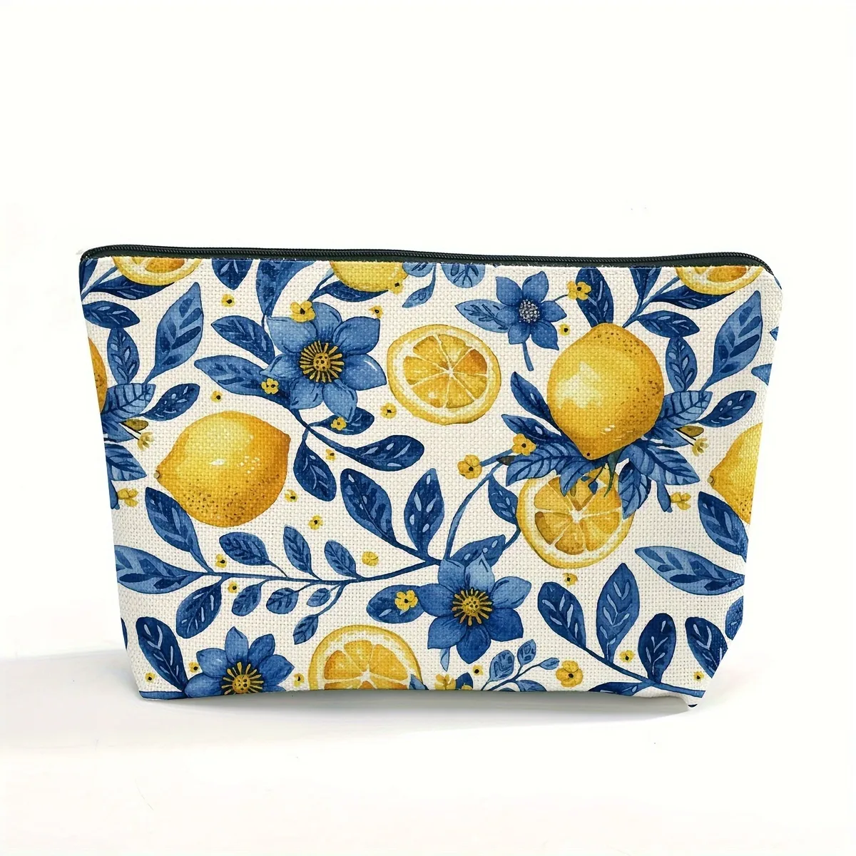 sac à cosmétiques chic en polyester pour femmes, pochette de toilette durable à imprimé citron et floral avec fermeture éclair, porte-monnaie, sac de rangement, trousse à crayons