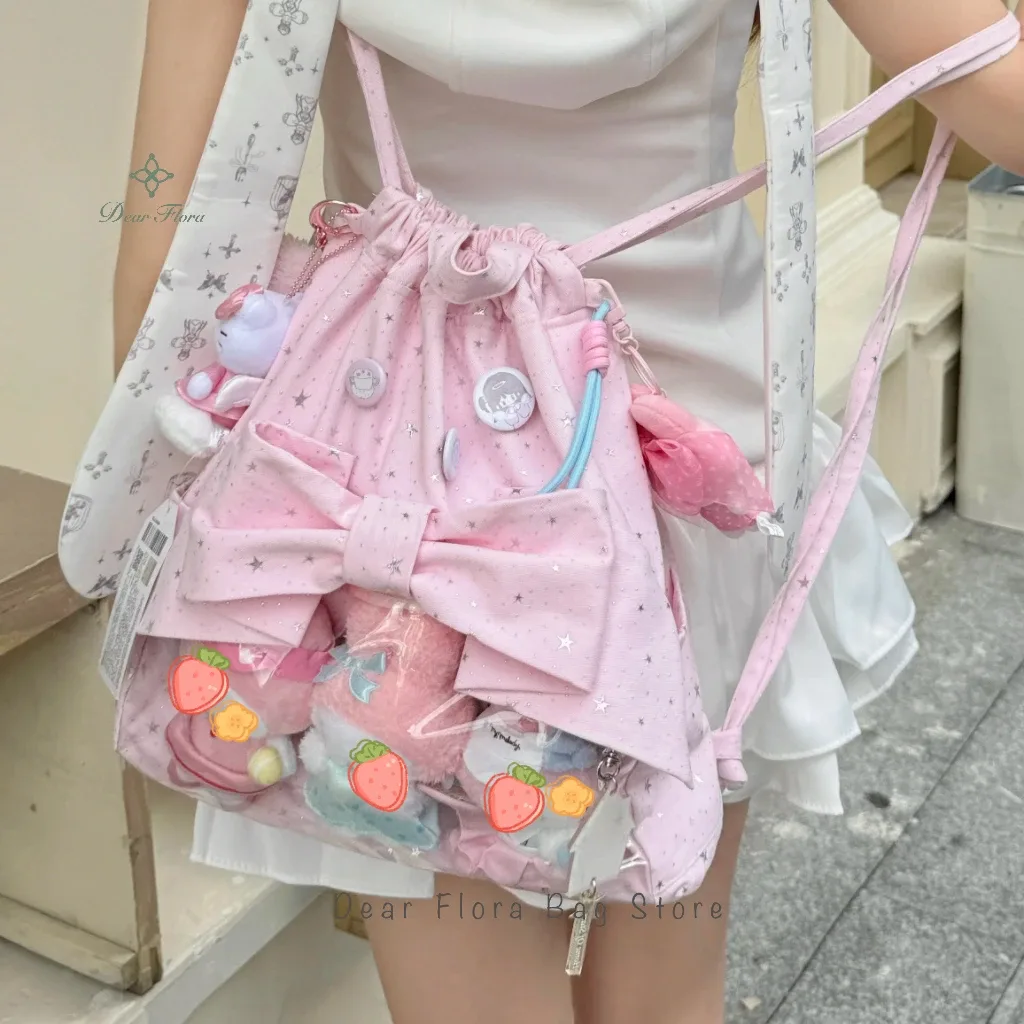 nouveau sac à dos ita y2k avec nœud de ballet et cordon de serrage, sac à dos transparent pour fille mignon, grande capacité, sac à bandoulière à pois étoilés pour présentation de poupées diy