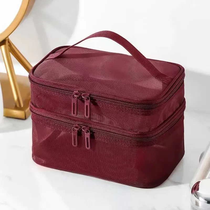 sac de rangement de cosmétiques de voyage à 2 couches, pochette de rangement transparente pliante en maille à fermeture éclair, sac de kit de lavage de maquillage de grande capacité 2024