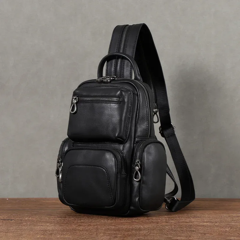 Sac multifonctionnel pour homme en cuir véritable, sacs à bandoulière décontractés en cuir pour homme, sac de poitrine pour homme, petit sac à dos